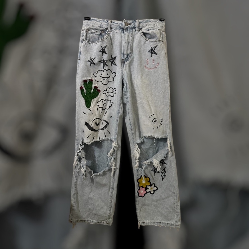 Forever 21 Distressed Straight Leg Jeans with Graphic Patches